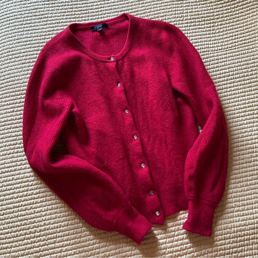 Red J.Crew Ribbed Cardigan with Jeweled Buttons